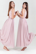 A-line Pink Lace Floor Length Bridesmaid Dress with Ribbon