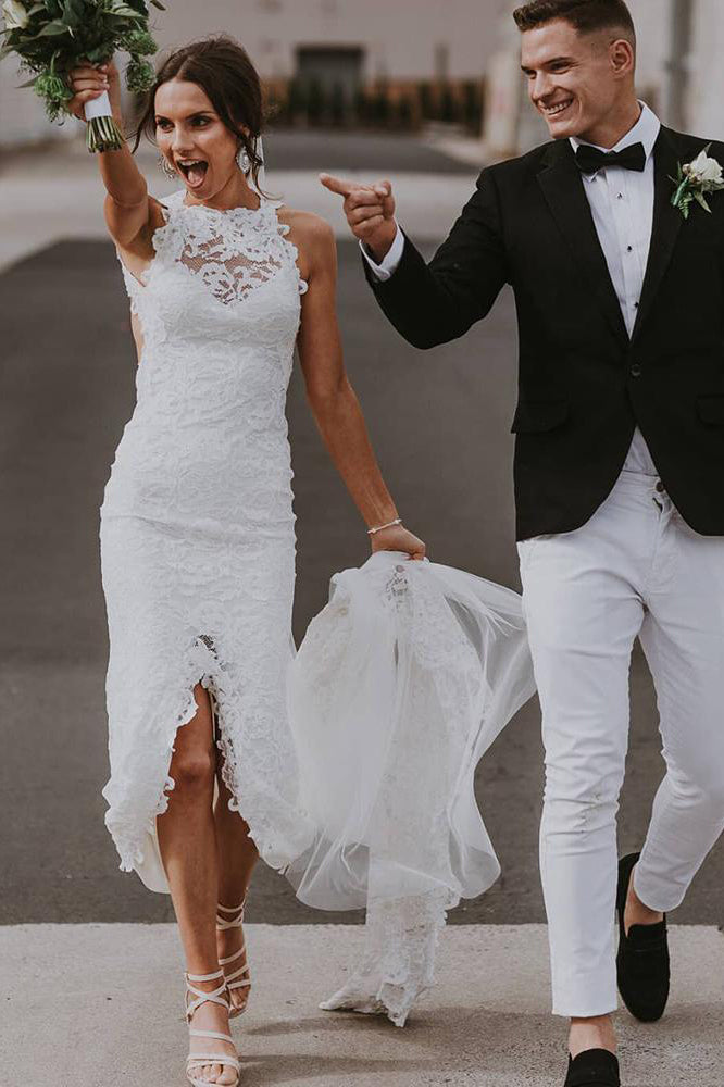 Sheath High Low Front-Slit White Lace Bridal Dress