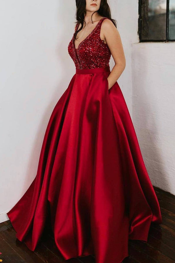 Royal Blue Beaded Bodice Satin Prom Dress with Pockets