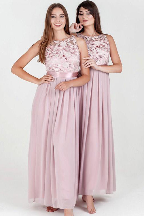 A-line Pink Lace Floor Length Bridesmaid Dress with Ribbon