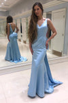Mermaid V-Back Watteau Light Sky Blue Prom Dress