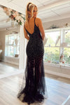 V-Neck Backless Black Beaded Tulle Prom Dress