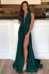 Plunging Neck Dark Green Long Evening Dress with Criss Cross Back