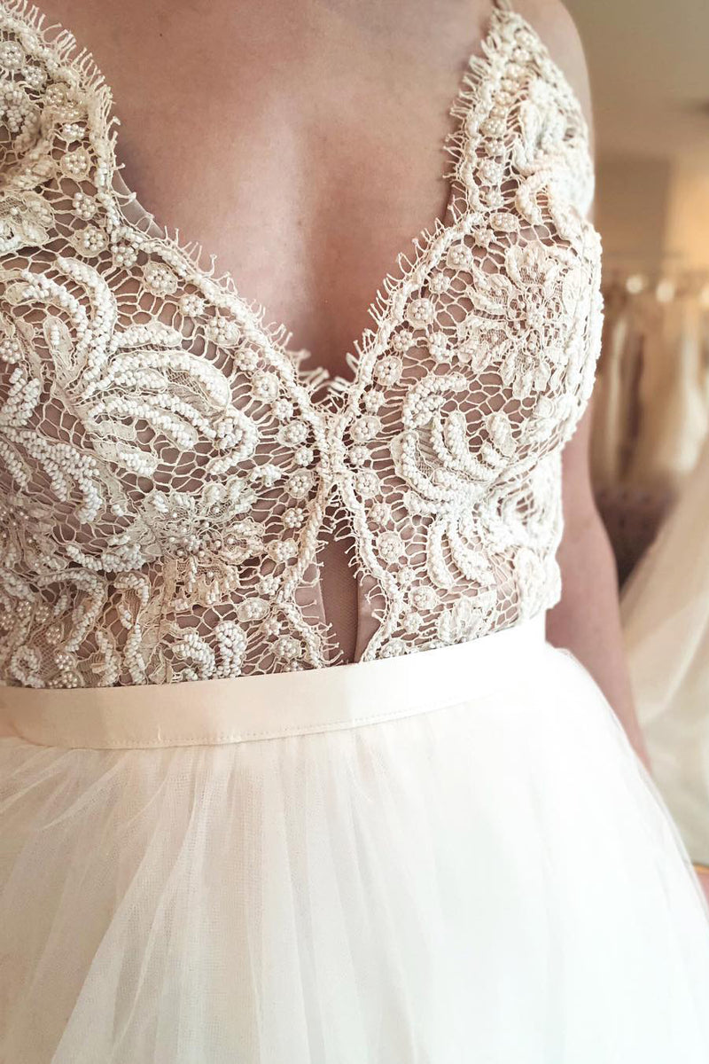 Long A-line Spaghetti Strap Ivory Wedding Dress with Lace