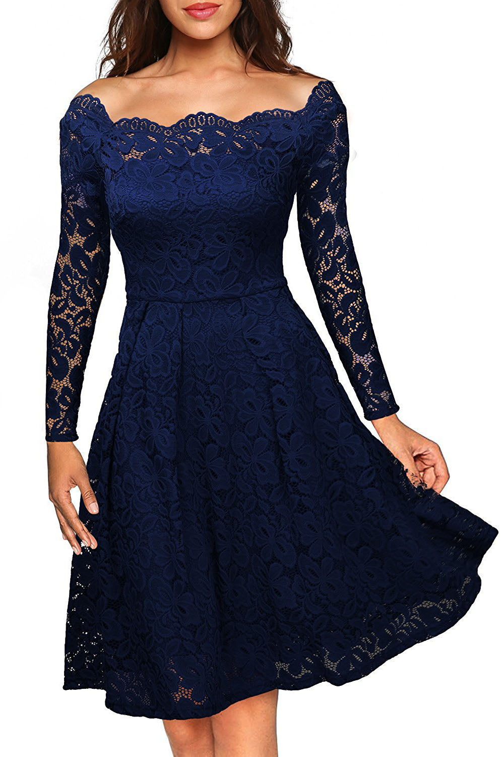 navy blue off the shoulder long sleeve dress Off Shoulder Long Sleeves Lace Party Dress – FancyVestido