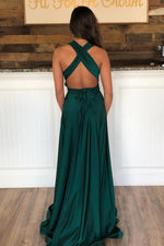 Plunging Neck Dark Green Long Evening Dress with Criss Cross Back