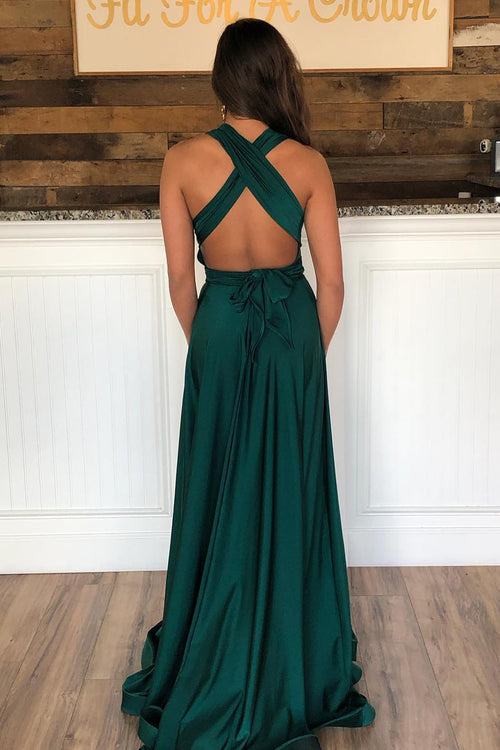 Plunging Neck Dark Green Long Evening Dress with Criss Cross Back