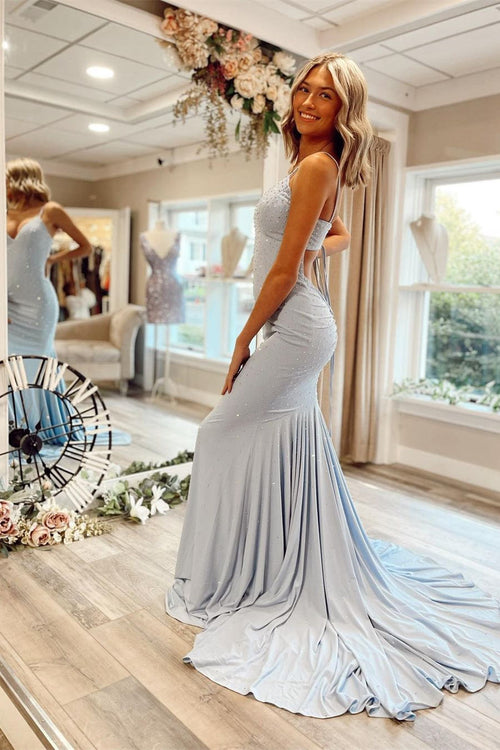 Mermaid Tie Back Light Blue Long Prom Dress
