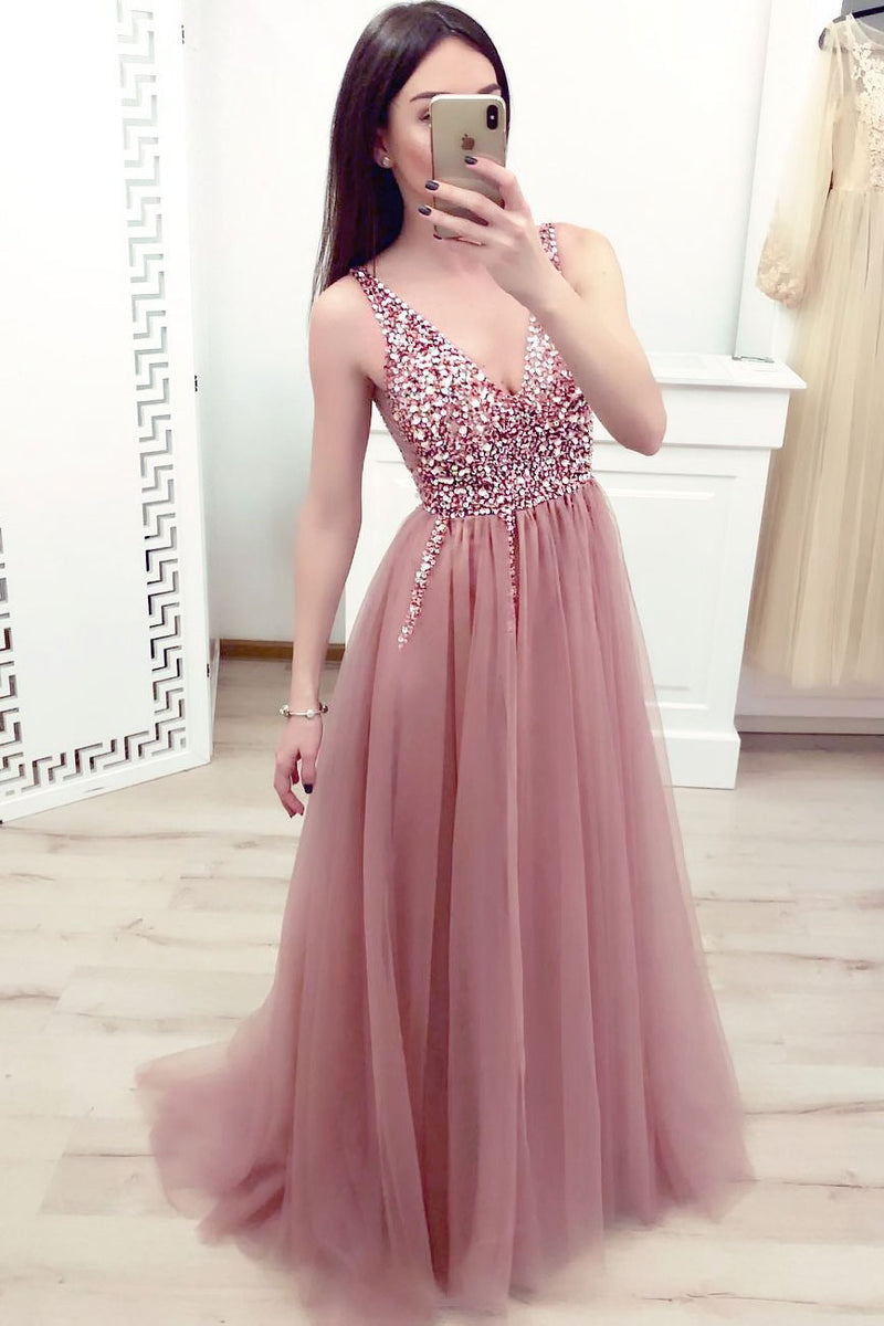 Gorgeous Tulle Long Pink Prom Dress with Beading Top
