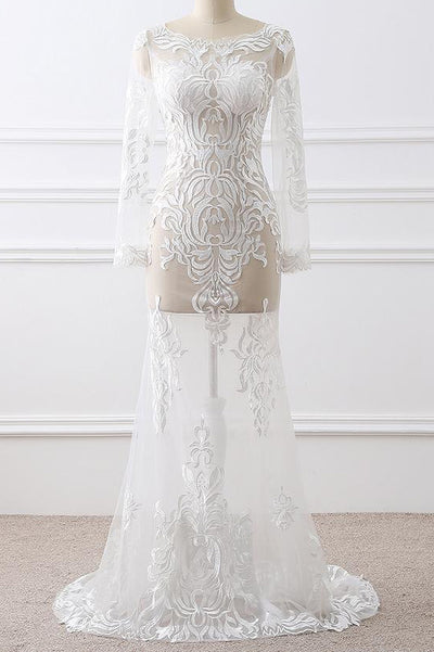 White Sheer Lace Long Sleeve Mermaid Wedding Dress With Train