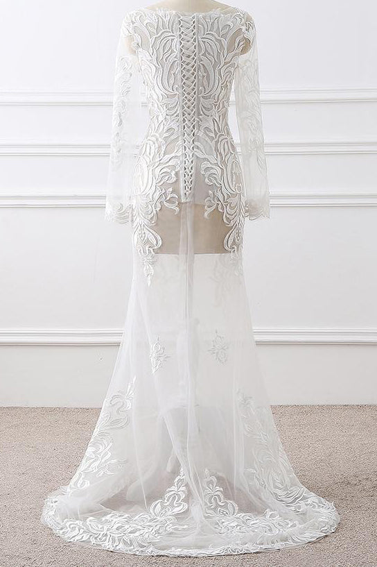 White Sheer Lace Long Sleeve Mermaid Wedding Dress With Train