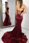 Strapless Mermaid Lace-Up Burgundy Evening Dress with Slit