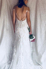 Long Open Back Mermaid V-Neck Ivory Bridal Dress with Lace