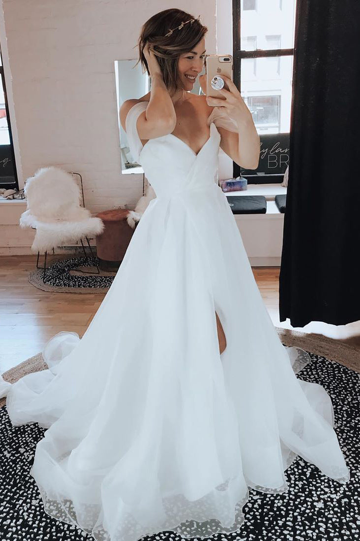 Long A-line Off the Shoulder White Wedding Dress with Split FancyVestido Long A-line Off the Shoulder White Wedding Dress with Split FancyVestido