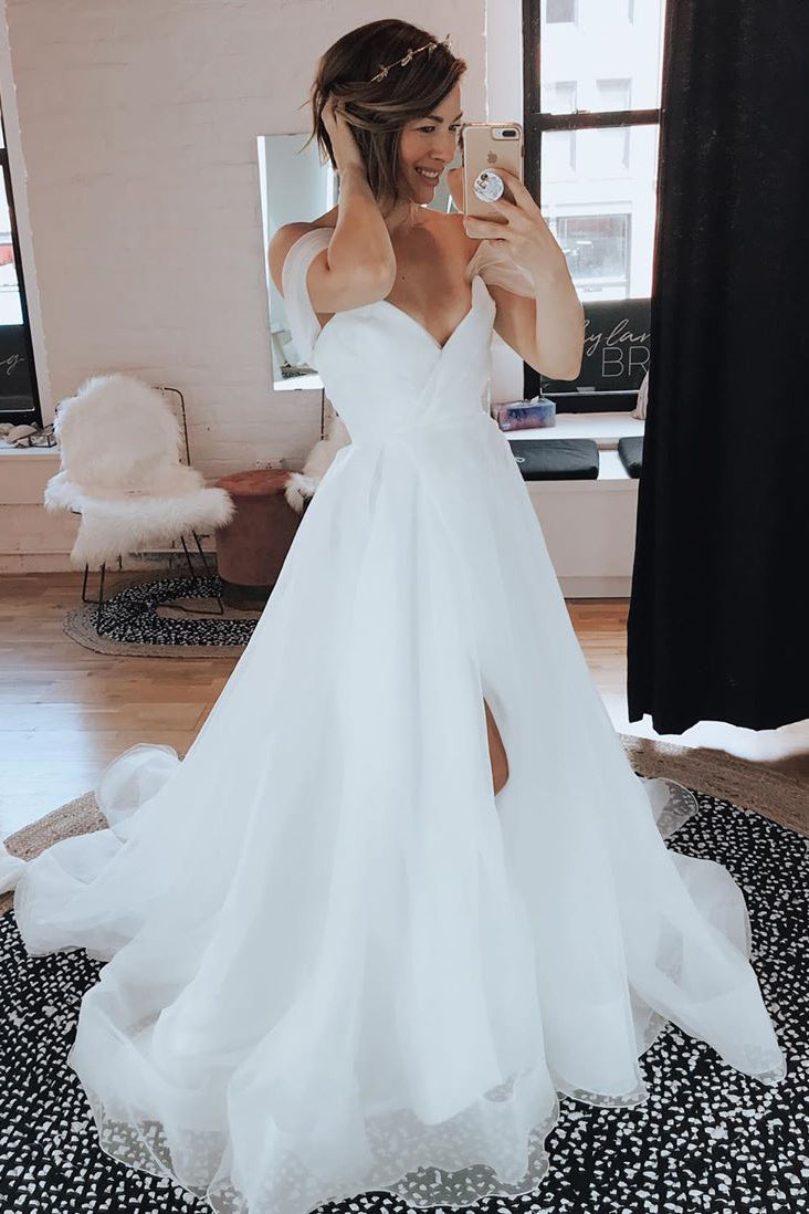 Long A-line Off the Shoulder White Wedding Dress with Split