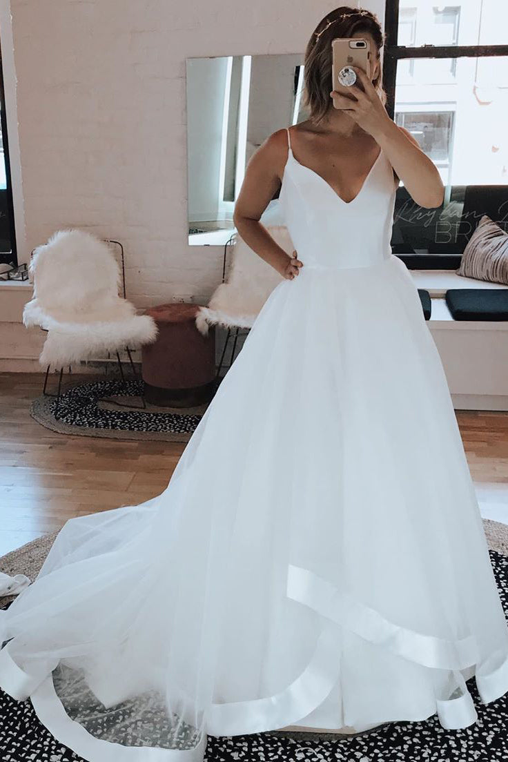 Long A-line Spaghetti Strap White Wedding Dress with Ruffles FancyVestido Long A-line Spaghetti Strap White Wedding Dress with Ruffles FancyVestido