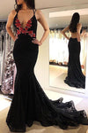 Sexy Mermaid Deep V Neck Black Evening Dress with Open Back