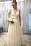 Princess Long V-Neck A-line Ivory Wedding Dress with Beads