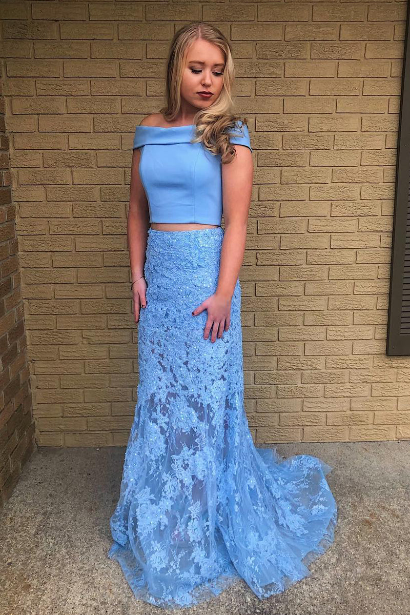 Two Piece Mermaid Off Shoulder Lace Sky Blue Prom Dress