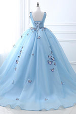 Blue Appliques Lace-Up Prom Evening Gowns