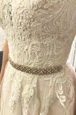 Princess Long V-Neck A-line Ivory Wedding Dress with Beads