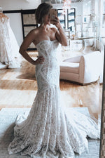 Princess Long Strapless Mermaid Ivory Wedding Dress with White Lace