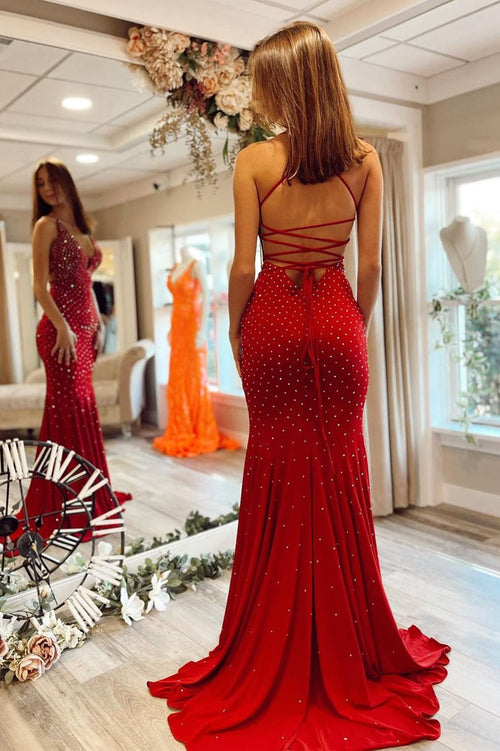 Elegant  Red Mermaid Prom Dress with Rhinestone