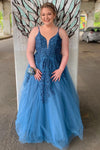 Elegant A-line Blue Long Prom Dress with Lace appliques
