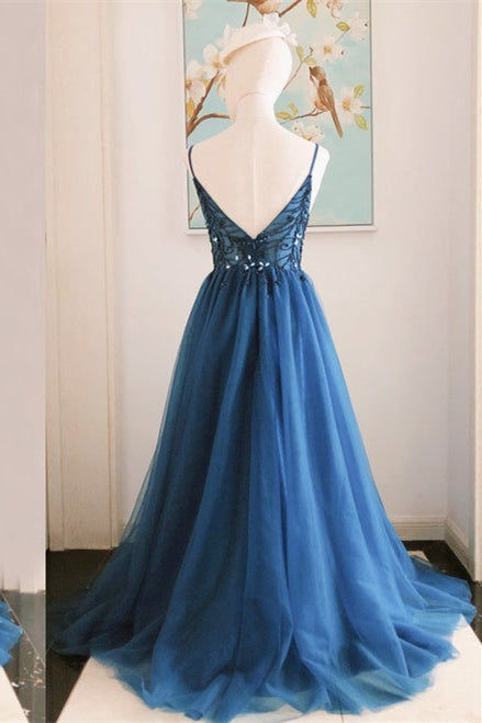 Elegant V-Neck Beaded Navy Blue Long Prom Dress