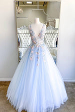 A-Line Plunging Neck Baby Blue Long Prom Dress with Embroidery