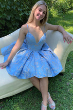 Gorgeous V-Neck Light Blue Homcoming Dress with Embroidery