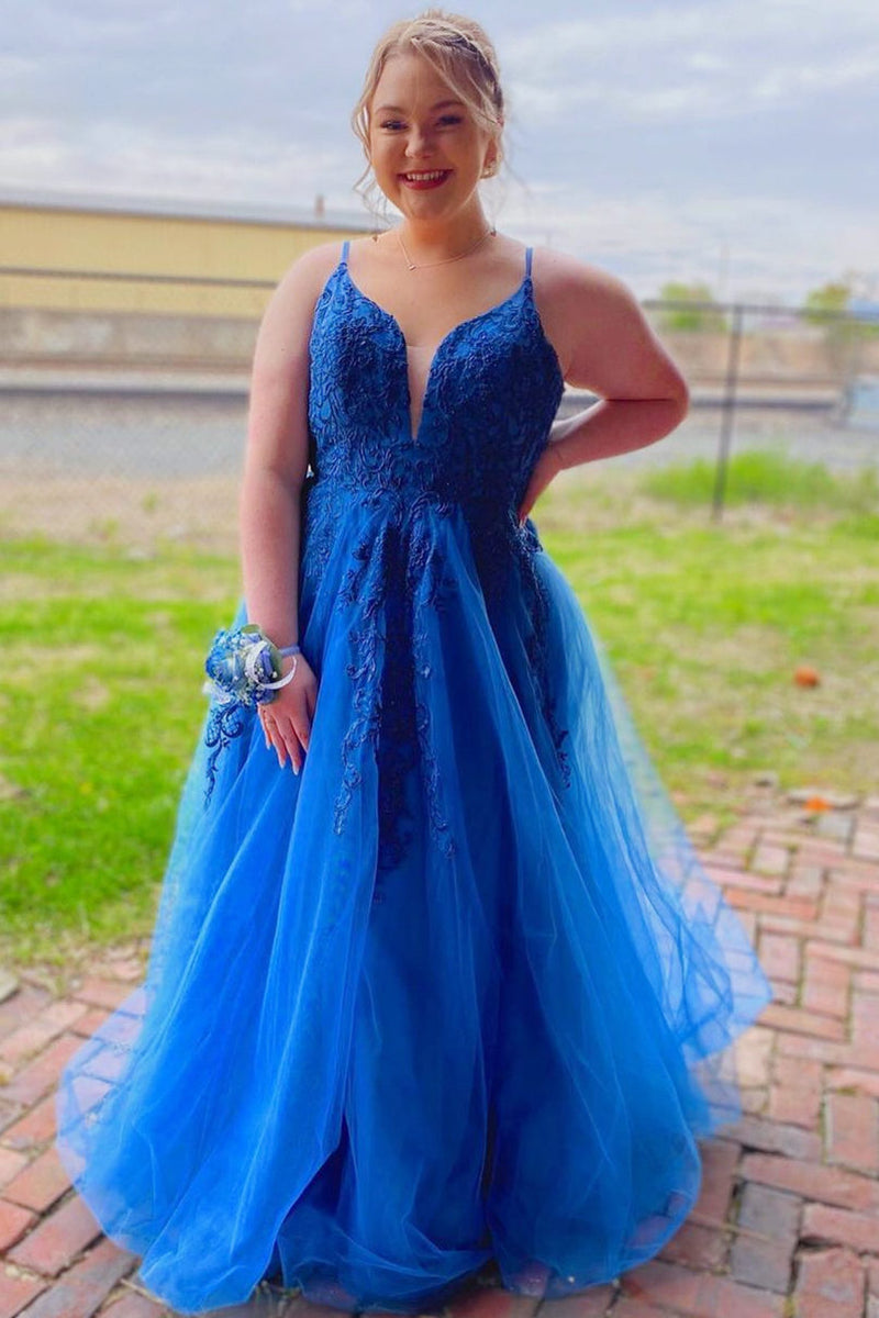 Elegant A-line Blue Long Prom Dress with Lace appliques