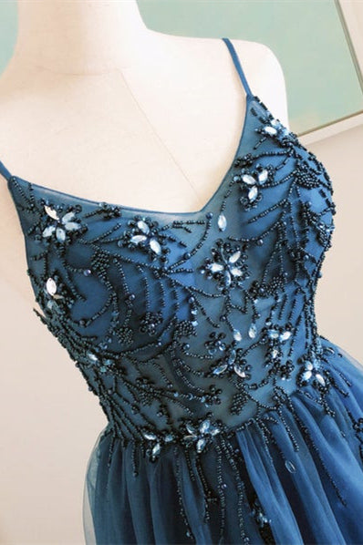 Elegant V-Neck Beaded Navy Blue Long Prom Dress
