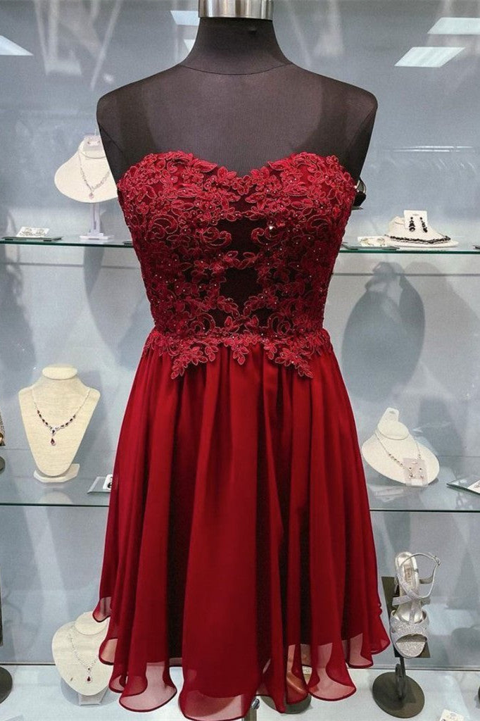Strapless Red Lace Appliques Homecoming Dress