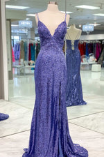 Tight Purple Sequined Long Prom Dress with Slit