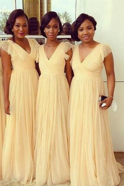 A-line V-Neck Yellow Bridesmaid Dress with Ruffle Sleeves FancyVestido A-line V-Neck Yellow Bridesmaid Dress with Ruffle Sleeves FancyVestido