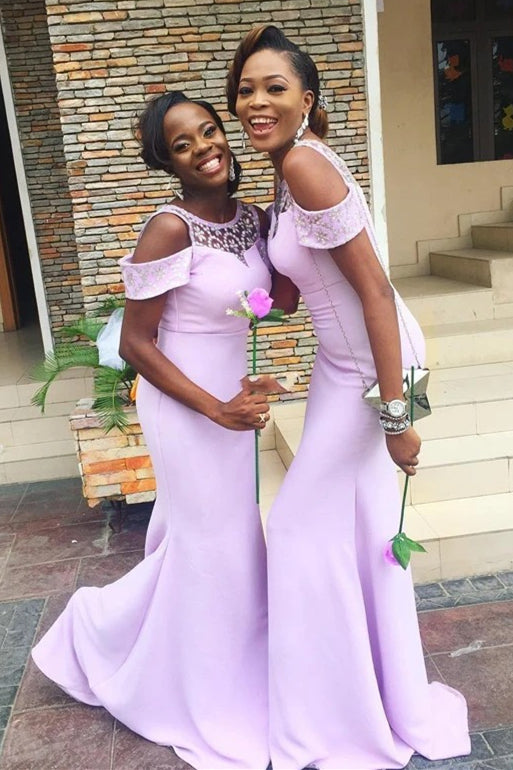 Elegant Cold Sleeves Mermaid Long Lilac Bridesmaid Dress with Beads FancyVestido Elegant Cold Sleeves Mermaid Long Lilac Bridesmaid Dress with Beads FancyVestido