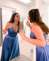 Simple V Neck Royal Blue Long Prom Dress with Tie Back