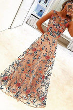 Gorgeous Illusion Neck Floral Embroidey Long Prom Dress