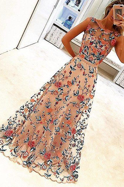Gorgeous Illusion Neck Floral Embroidey Long Prom Dress