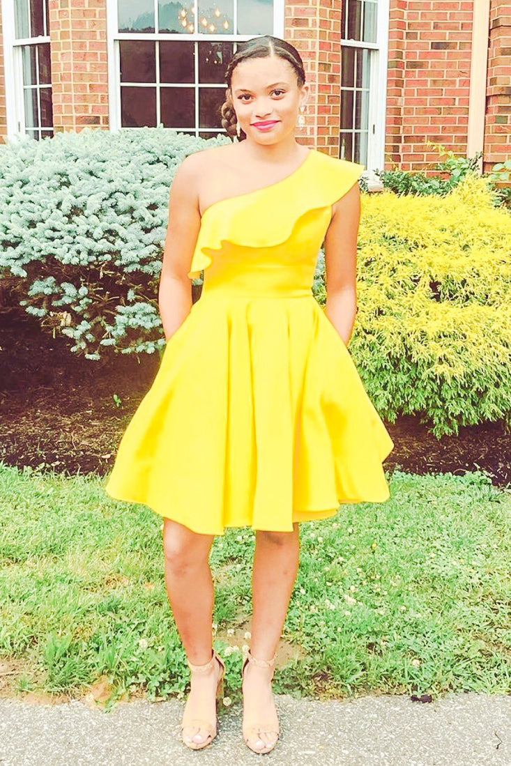 One Shoulder Yellow Homecoming Dress with Ruffles FancyVestido One Shoulder Yellow Homecoming Dress with Ruffles FancyVestido