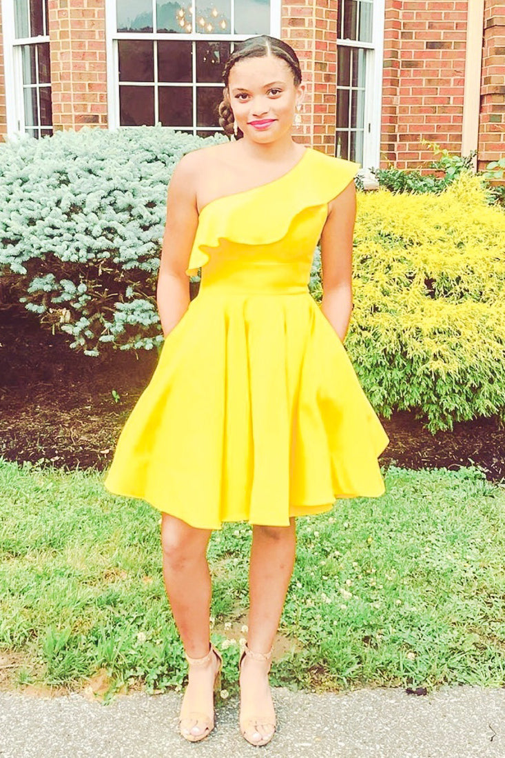 One Shoulder Yellow Homecoming Dress with Ruffles