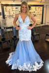 Mermaid V-Neck Lace Appliques Sky Blue Prom Dress