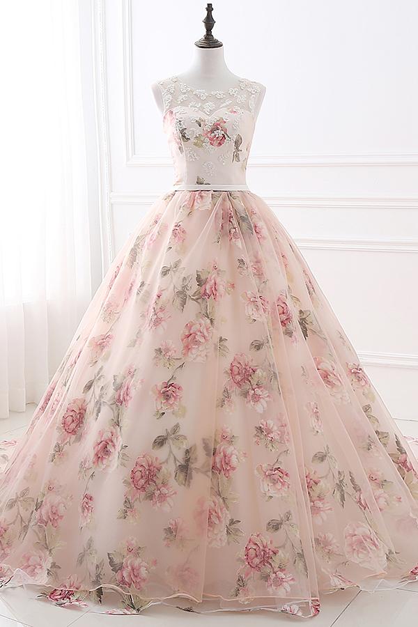 Illusion Neck Floral Tulle Lace-up Prom Evening Gowns