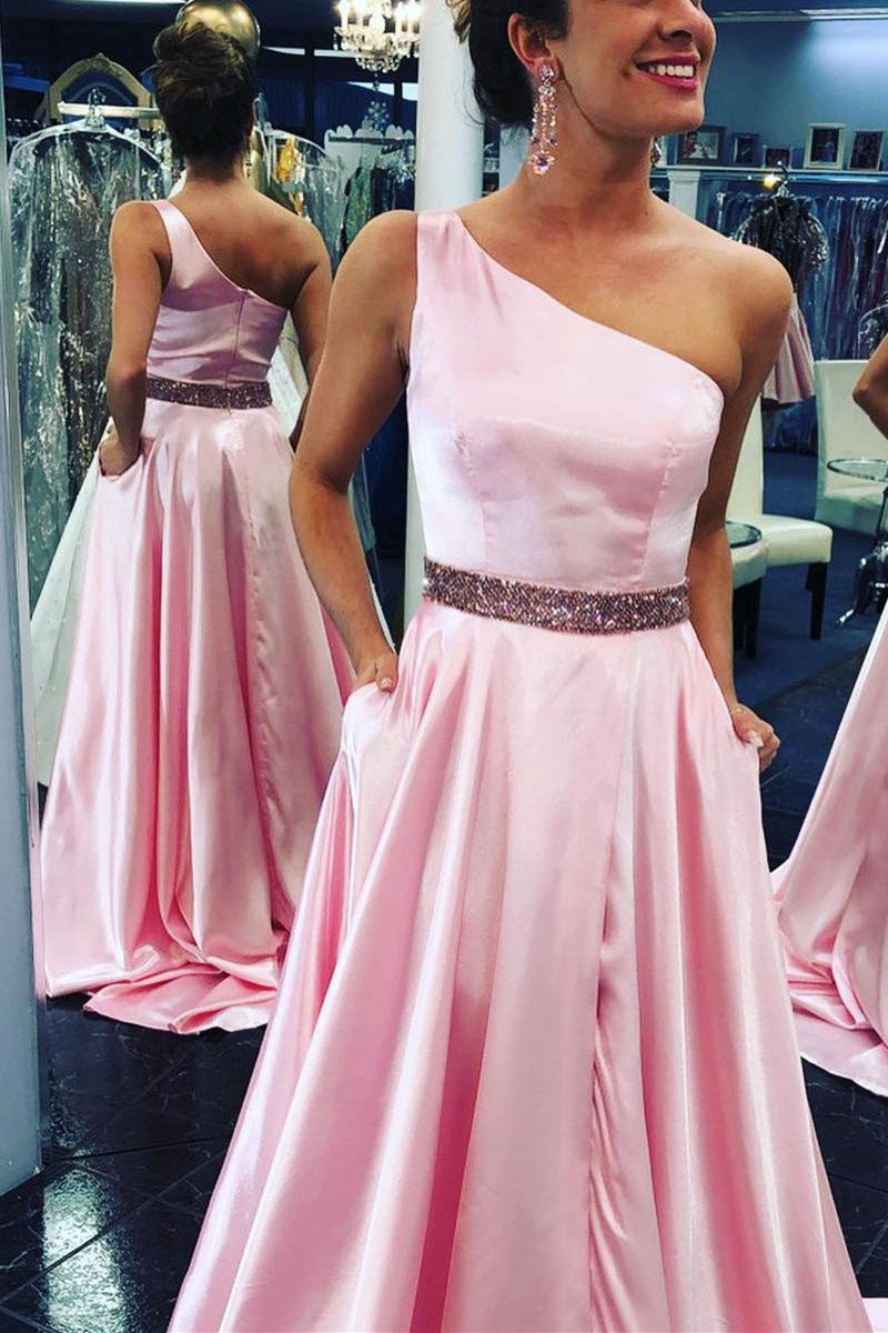 Elegant One Shoulder Lavender Prom Dress with Beading Belt