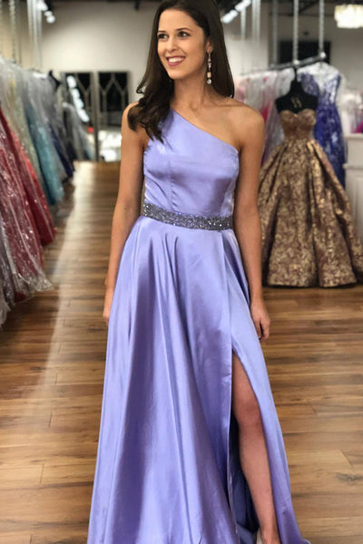 Elegant Lilac A-Line Satin Evening Gown with Beaded Belt