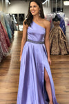 Elegant One Shoulder Lavender Prom Dress with Beading Belt