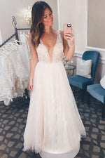 Long Illusion V Neck A-line Ivory Wedding Dress with Lace