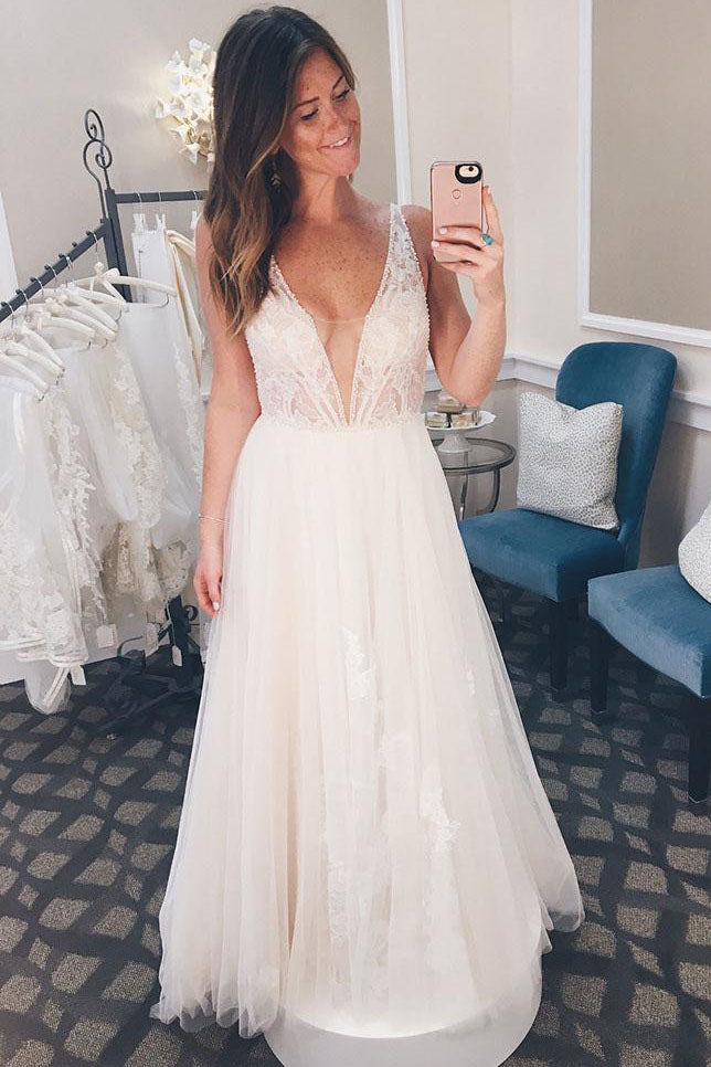 Long Illusion V Neck A-line Ivory Wedding Dress with Lace FancyVestido Long Illusion V Neck A-line Ivory Wedding Dress with Lace FancyVestido
