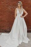 Long Deep V-Neck Empire A-line Ivory Wedding Dress with Train
